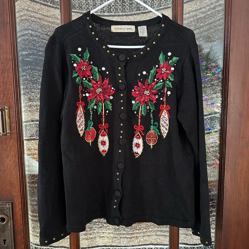 Vintage Christmas Cardigan Whimsical Grandmacore Sequin Beaded Holiday